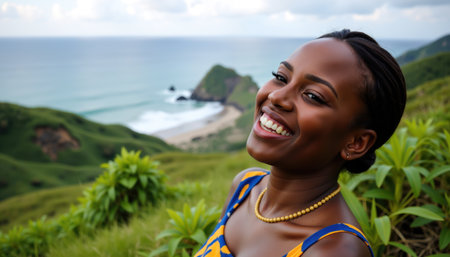 A smiling African woman with dark hair in a colorful dress stands in a lush, green landscape overlooking the ocean and mountains.の素材