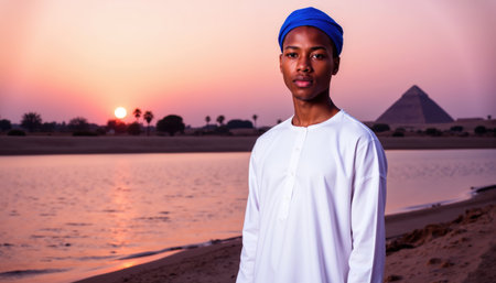 An Egyptian man in a blue headwrap and white garment stands by the water at sunset near a pyramid.の素材