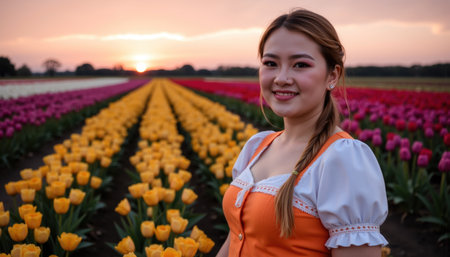 A smiling woman with braided hair and an orange dress with white sleeves stands in a picturesque tulip field during a serene sunset.の素材