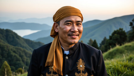 A man in traditional attire with a mustache and a brown headscarf stands in a lush, green mountainous landscape. The man is wearing a black jacket with gold embroidery.の素材