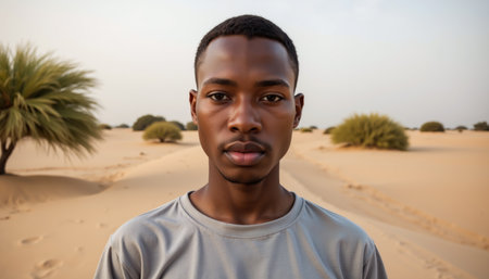 A young man with short hair and a gray t-shirt stands in a sandy desert with sparse vegetation, under a clear sky.の素材