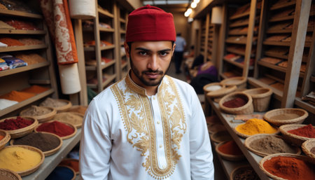 A Moroccan man in a traditional red fez and embroidered white tunic stands amidst vibrant spices in a bustling market.の素材