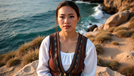 A woman with dark hair, wearing a white top and a patterned vest, stands serenely by the sea against a backdrop of sand and rocks.の素材