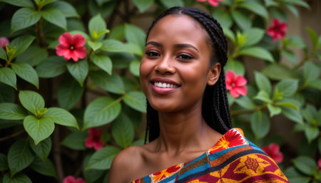 A cheerful African woman with braided hair, wearing a vibrant, patterned top, stands amidst lush greenery with pink flowers.の素材