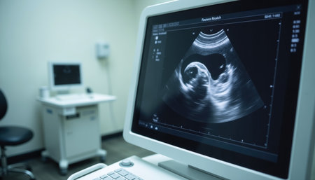 An ultrasound machine displays a detailed image of a fetus during a medical examination.の素材