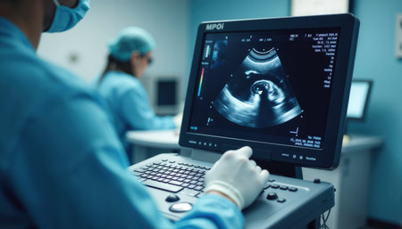 A healthcare professional in scrubs and gloves operates an ultrasound machine, displaying an image on the screen.の素材