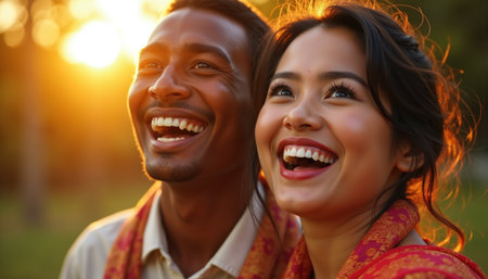 A radiant couple sharing a joyful moment, bathed in the warm glow of a setting sun.の素材