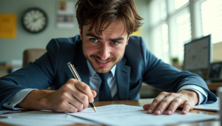 A well-dressed man with a pen, focused on writing at his office desk, with a clock, computer, and bright windows in the background.の素材