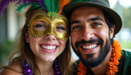 A joyful couple smiles brightly, adorned with colorful Mardi Gras accessories, including a mask, beads, and feathers.の素材