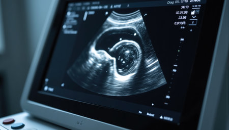 A detailed ultrasound image displayed on a medical monitor, showing internal structures.の素材