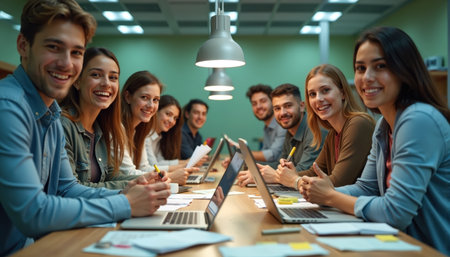 A diverse team collaborating in a modern office, using laptops and notes, smiling and engaged.の素材
