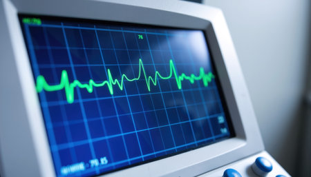 A medical device shows a green ECG trace on a blue grid, indicating heart activity.の素材