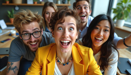 A diverse group of colleagues excitedly posing together in a modern office setting.の素材