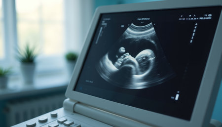 An ultrasound machine displaying a detailed image of a fetus during a medical examination.の素材