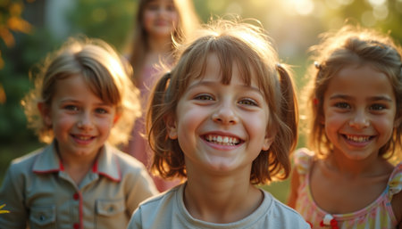 A group of happy children enjoying a sunny day outside, radiating joy and warmth.の素材