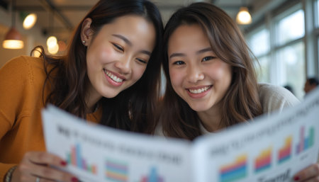Two women share a joyful moment as they sit together, smiling while reading a colorful newspaper.の素材