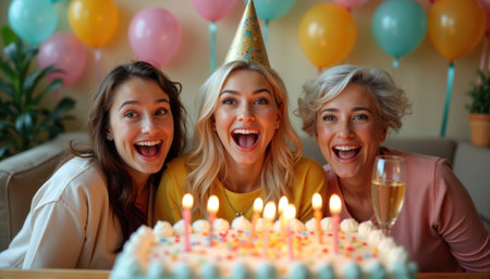 Three joyful women, one wearing a party hat, celebrating with a lit birthday cake and colorful balloons.の素材