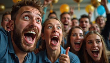 A group of people joyfully celebrating with wide smiles and raised hands amidst colorful balloons.の素材