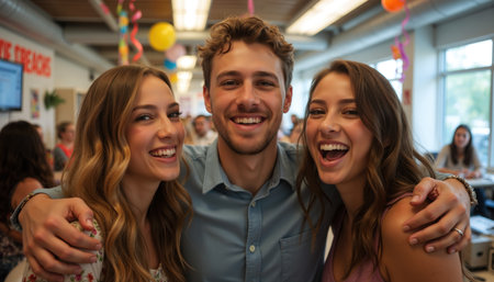 Three happy friends enjoying a lively celebration with colorful decorations.の素材