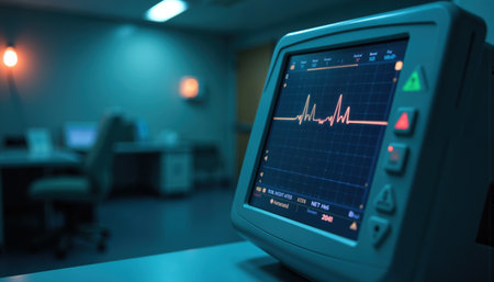 A medical monitor in a hospital room shows a patient's heart rhythm, with various buttons and readouts visible.の素材