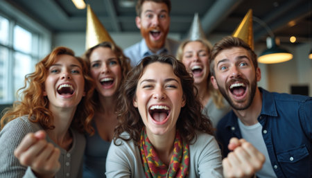 A lively group of friends wearing colorful party hats, celebrating and laughing joyfully in an indoor setting.の素材