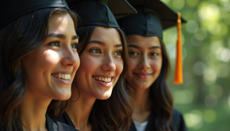 Three young women in graduation attire, smiling brightly, celebrating their achievement outdoors.の素材