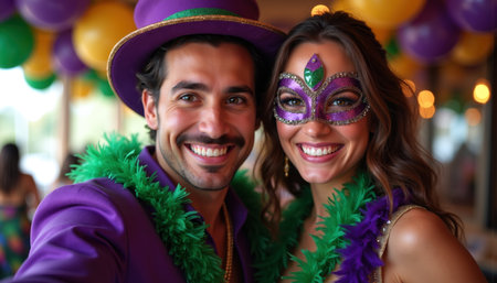 A joyful couple celebrates in festive Mardi Gras atmosphere with vibrant colors and decorations.の素材