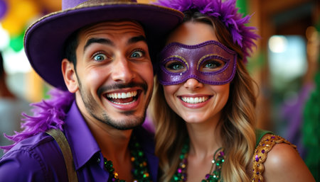 A joyful couple dressed in vibrant purple Mardi Gras costumes, smiling brightly with festive accessories.の素材