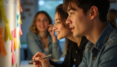 A group of three individuals engaged in a creative discussion, using colorful sticky notes on a board.の素材