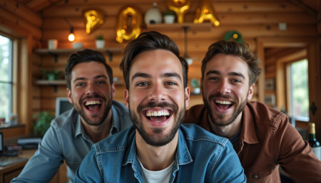 Three cheerful friends posing for a photo in a cozy, wooden interior.の素材