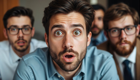 A man with a surprised expression sits among colleagues in a professional setting.の素材