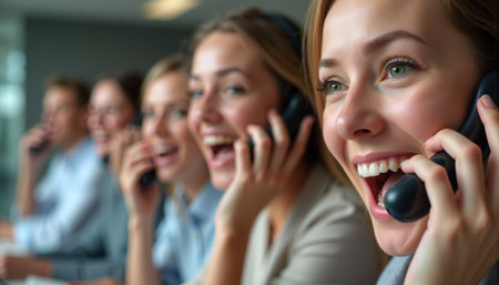 A group of smiling call center agents engaged in a lively conversation on the phone.の素材