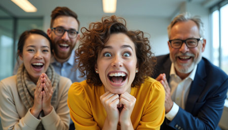 Four delighted colleagues, smiling and clapping in a bright office setting.の素材