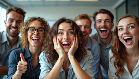A diverse group of people joyfully laughing and smiling, expressing excitement and happiness in a bright indoor setting.の素材