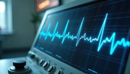 A medical monitor displaying a dynamic heart rate waveform, indicating cardiac activity in real-time.の素材