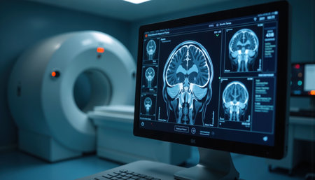 A detailed brain MRI scan displayed on a computer screen in a clinical setting.の素材