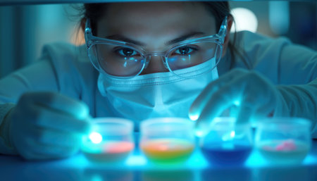 A focused scientist in protective gear examines illuminated samples in a laboratory setting.の素材