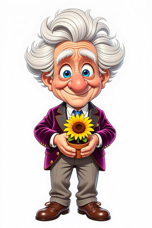 Cartoonish elderly man with white hair, purple jacket, and brown shoes holding a potted sunflower against a white background.の素材