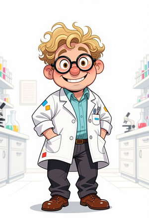 A young boy with blonde hair, wearing a white lab coat, glasses, and a blue shirt, stands in a laboratory setting with hands in pockets, surrounded by lab equipment.の素材