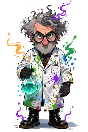 Cartoonish mad scientist with gray hair and beard, wearing a white lab coat with colorful splatters, holding a beaker with a green liquid, surrounded by colorful splashes on a white background.の素材