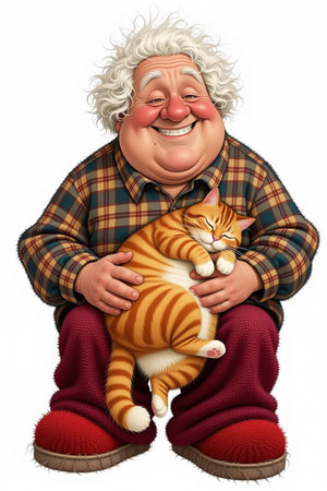 Cartoonish old man with white hair, plaid shirt, and red pants, holding a sleeping orange tabby cat on a white background.の素材