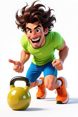 Man in green shirt and blue shorts running, kettlebell beside him, white background, dynamic pose, energetic.の素材