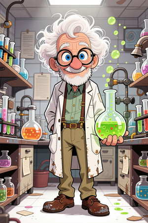 A cartoonish scientist in a lab coat, holding a flask with green bubbling liquid, surrounded by various beakers and equipment in a cluttered laboratory.の素材