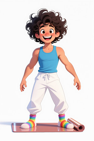 A smiling cartoon boy with curly hair, wearing a blue tank top, white pants, and rainbow socks, stands on a pink yoga mat with a rolled-up mat beside him, against a plain white background.の素材