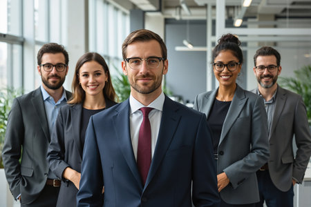 Five professionals, likely colleagues or team members, stand together in a modern office setting, wearing formal attire and glasses, with a man in a blue suit in the foreground.の素材