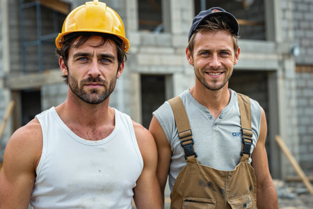Two men standing together at a construction site, one wearing a yellow hard hat and white tank top, the other in a blue cap, gray shirt, and brown overalls, both likely construction workers.の素材