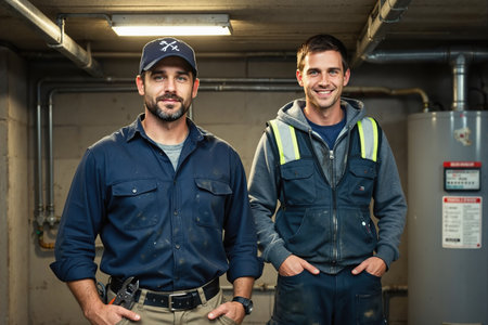 Two men, likely maintenance workers, stand in a basement with pipes and a water heater, wearing work uniforms and smiling.の素材