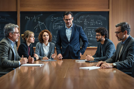 A group of professionals, likely educators or researchers, engaged in a discussion around a wooden table, with a man standing at the head, in front of a blackboard with complex equations.の素材