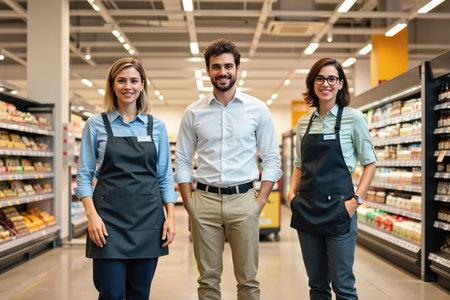 Three people, two women wearing aprons and a man in a white shirt, stand together in a grocery store aisle with shelves of products.の素材