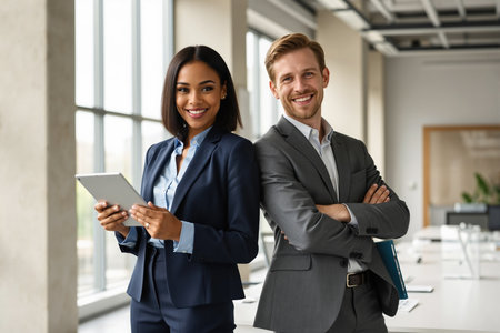 Two professionals, a woman holding a tablet and a man with arms crossed, stand together in a modern office with large windows and a blurred background.の素材
